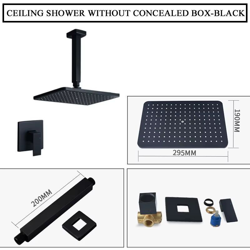 In Wall Mounted Concealed Square Top Overhead Shower System Set Brass Faucet Hot and Cold Shower Mixer Kit Matte Black Chrome