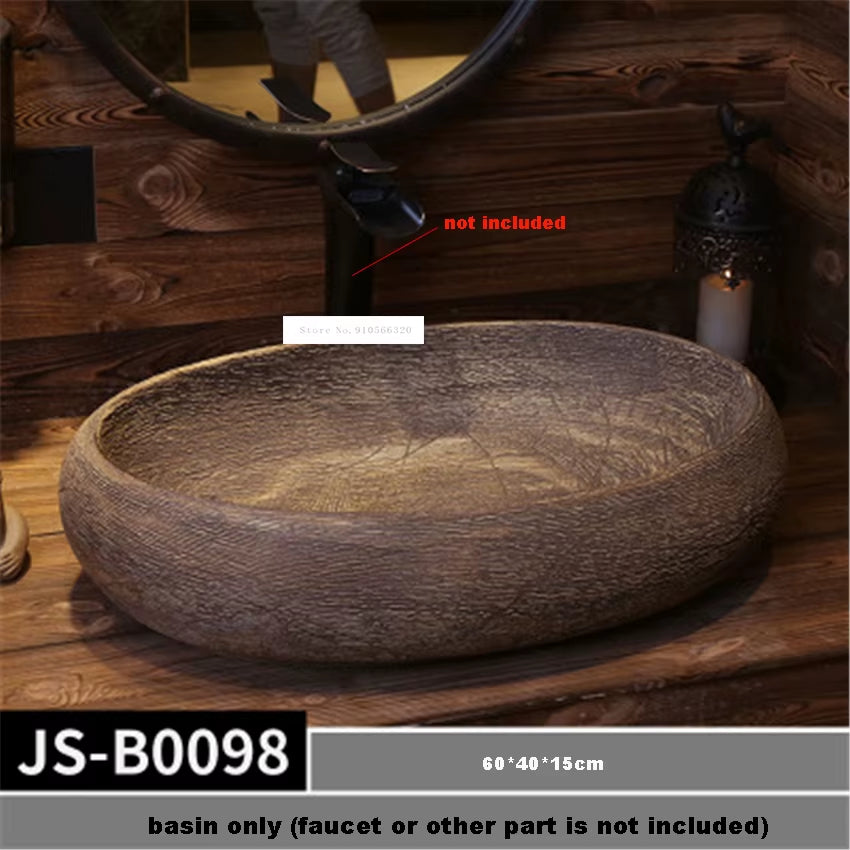 JS-B0097/JS-B0098/JS-B0099/JS-B0100 European Style Oval Basin Handmade Ceramic Sink Hand Washing Basin Bowl above Counter Basin