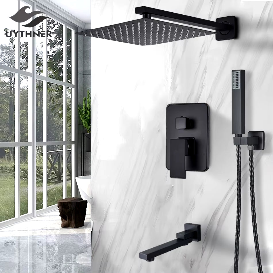 Bathroom Black Shower Faucet Set Rainfall Head Wall Mounted Bath Shower System Hand Sprayer Bathtub Faucet Mixer