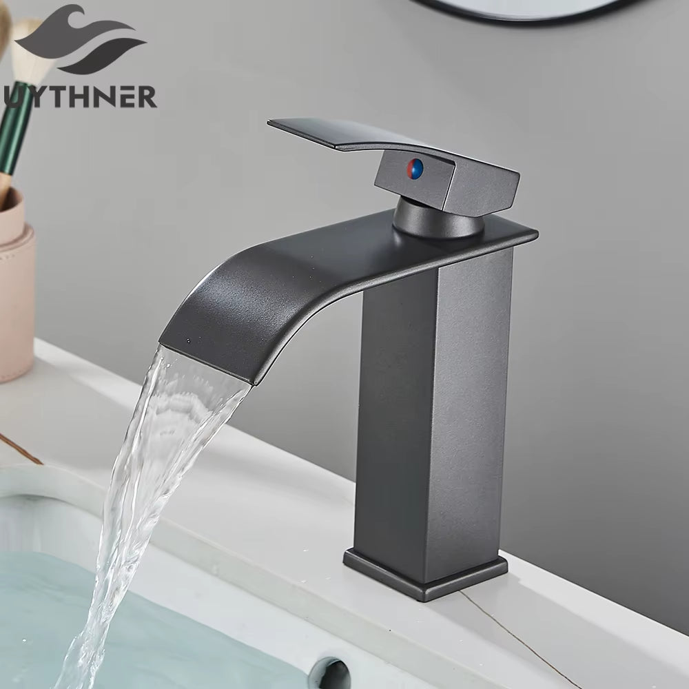 Bathroom Waterfall Basin Sink Faucet Black Faucets Brass Bath Faucet Hot&Cold Water Mixer Vanity Tap Deck Mounted Washbasin Taps