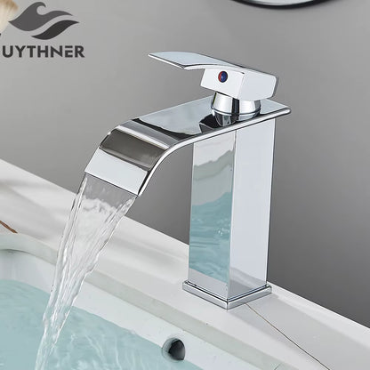 Bathroom Waterfall Basin Sink Faucet Black Faucets Brass Bath Faucet Hot&Cold Water Mixer Vanity Tap Deck Mounted Washbasin Taps