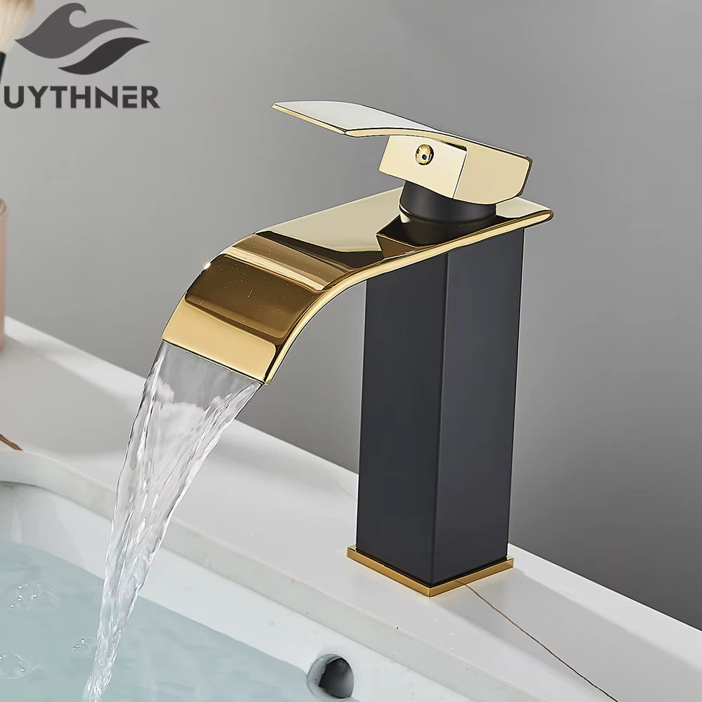 Bathroom Waterfall Basin Sink Faucet Black Faucets Brass Bath Faucet Hot&Cold Water Mixer Vanity Tap Deck Mounted Washbasin Taps