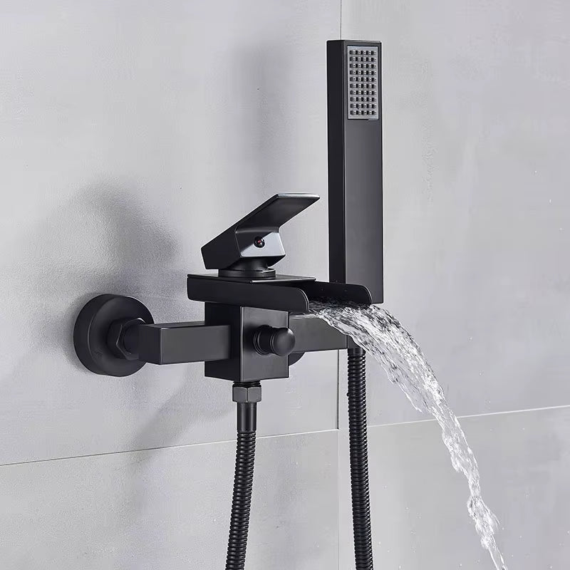 Matte Black Nickel Chrome Bathroom Tub Faucet Single Handle Waterfall Spout Mixer Tap with Hand Shower Wall Mounted Bath Faucet