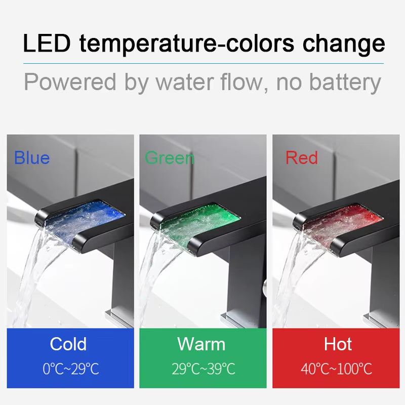 LED Waterfall Bathroom Basin Faucet, Single Handle Cold Hot Water Mixer Sink Tap RGB Color Change Powered by Water Flow