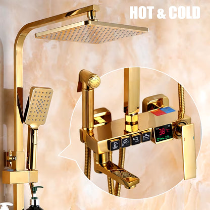 Golden Shower Set Bathroom Smart Digital Shower System Wall Mount Thermostatic Bath Faucet SPA Rainfall Bathtub LED Tap Full Kit