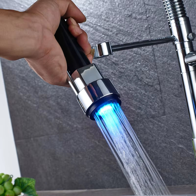 LED Light Black Bronze Dual Spout Kitchen Faucet Single Handle Spring Pull down Water Taps for Kitchen Handheld Kitchen Sprayer