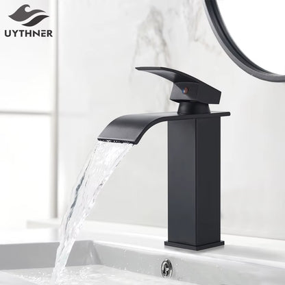 Bathroom Waterfall Basin Sink Faucet Black Faucets Brass Bath Faucet Hot&Cold Water Mixer Vanity Tap Deck Mounted Washbasin Taps