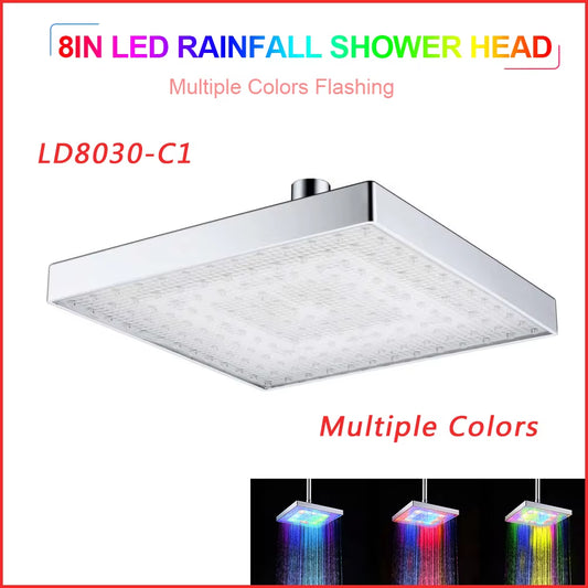 Shower Head LED Rainfall Shower Head Square Shower Head Automatically Color-Changing Temperature Sensor Showerhead for Bathroom