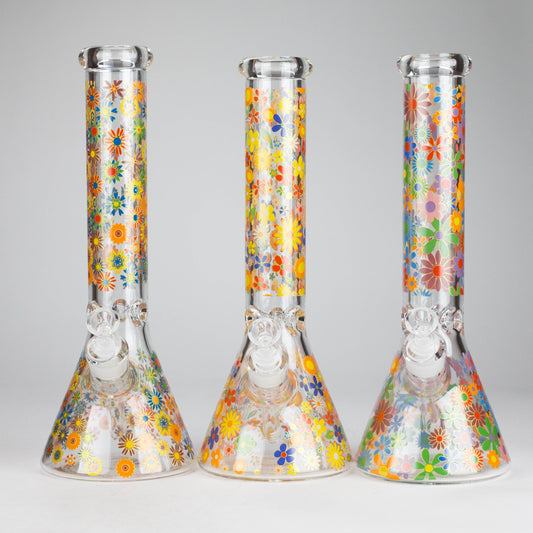 14″ 7mm Glass Beaker Bong with Assorted Flower Design & Ice Catcher