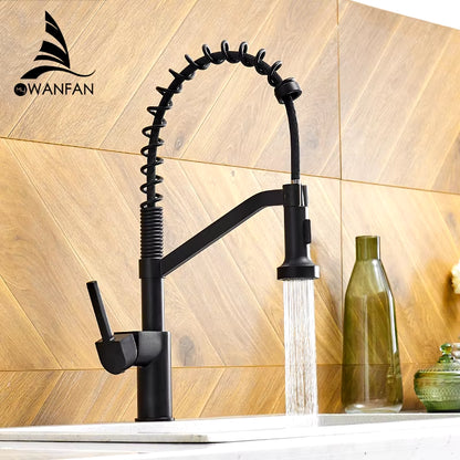 Modern Polished Black Brass Kitchen Sink Faucet Pull Out Single Handle Swivel Spout Vessel Sink Mixer Tap 9013