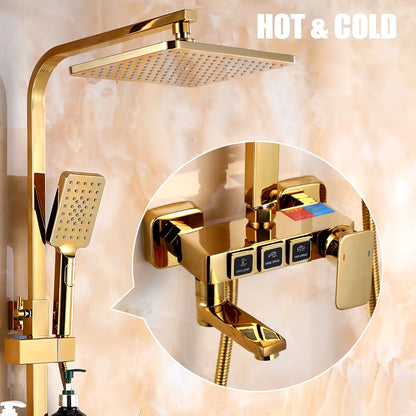 Golden Shower Set Bathroom Smart Digital Shower System Wall Mount Thermostatic Bath Faucet SPA Rainfall Bathtub LED Tap Full Kit