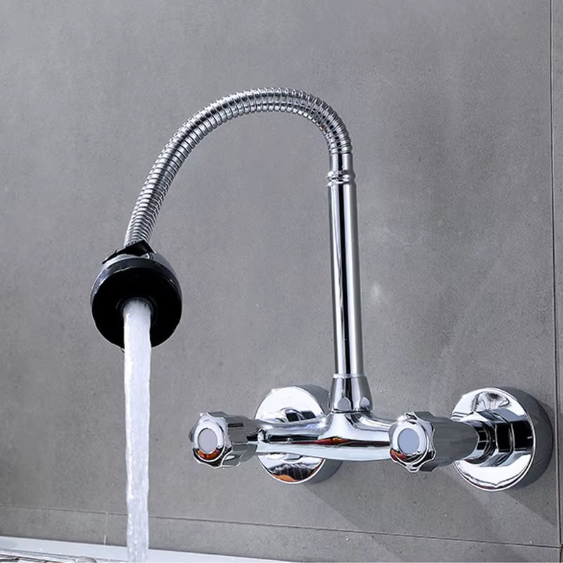 Wall Mounted Kitchen Faucet Brass Swivel Spray Sink Faucet Dual Handle Double Hole Cold and Hot Water Mixer Tap Washbasin Faucet