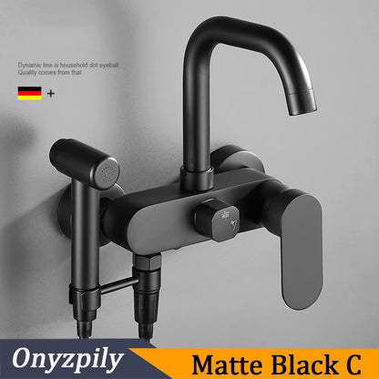 Matte Black Wall Mounted Kitchen Faucet Pull down Cold Hot Water Kitchen Taps 360 Rotation Dual Function Sprayer Taps