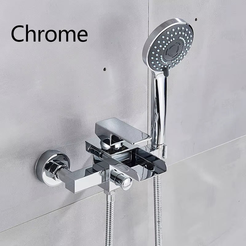 Matte Black Nickel Chrome Bathroom Tub Faucet Single Handle Waterfall Spout Mixer Tap with Hand Shower Wall Mounted Bath Faucet