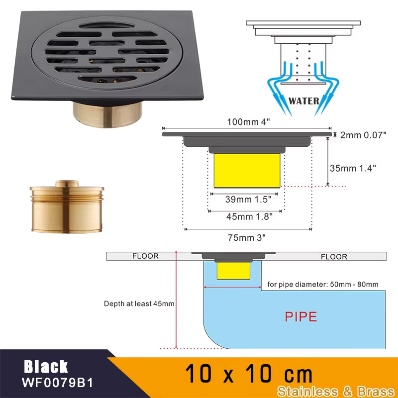 Black Bathroom Square Shower Drain Stainless Steel Floor Drainer Trap Waste Grate round Cover Hair Strainer