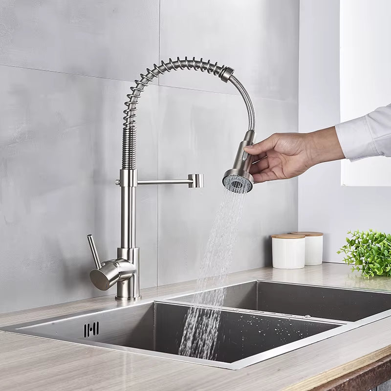 Spring Brushed Kitchen Sink Faucet Pull down Sprayer Nozzle Single Handle Faucets Mixer Hot Cold Stainless Steel Modern