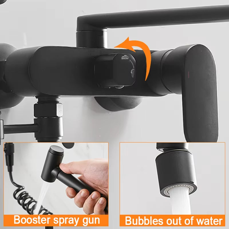 Matte Black Wall Mounted Kitchen Faucet Pull down Cold Hot Water Kitchen Taps 360 Rotation Dual Function Sprayer Taps