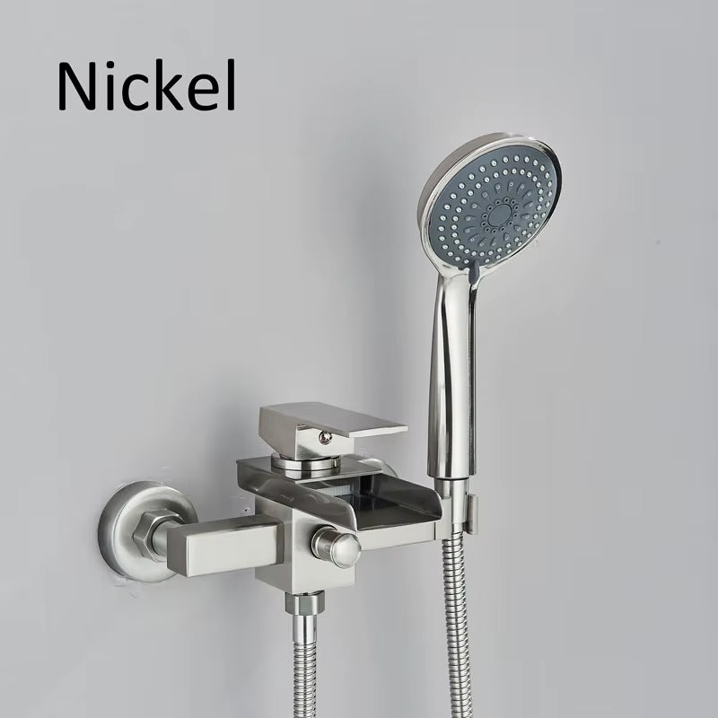 Matte Black Nickel Chrome Bathroom Tub Faucet Single Handle Waterfall Spout Mixer Tap with Hand Shower Wall Mounted Bath Faucet