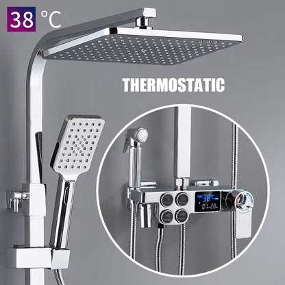 Hot Cold Shower System Bathroom LED Digital Shower Set Wall Mount Smart Thermostatic Bath Faucet Square Head SPA Rainfall Grifo