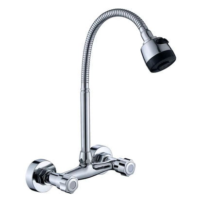 Wall Mounted Kitchen Faucet Brass Swivel Spray Sink Faucet Dual Handle Double Hole Cold and Hot Water Mixer Tap Washbasin Faucet