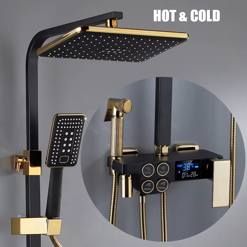 Hot Cold Shower System Bathroom LED Digital Shower Set Wall Mount Smart Thermostatic Bath Faucet Square Head SPA Rainfall Grifo