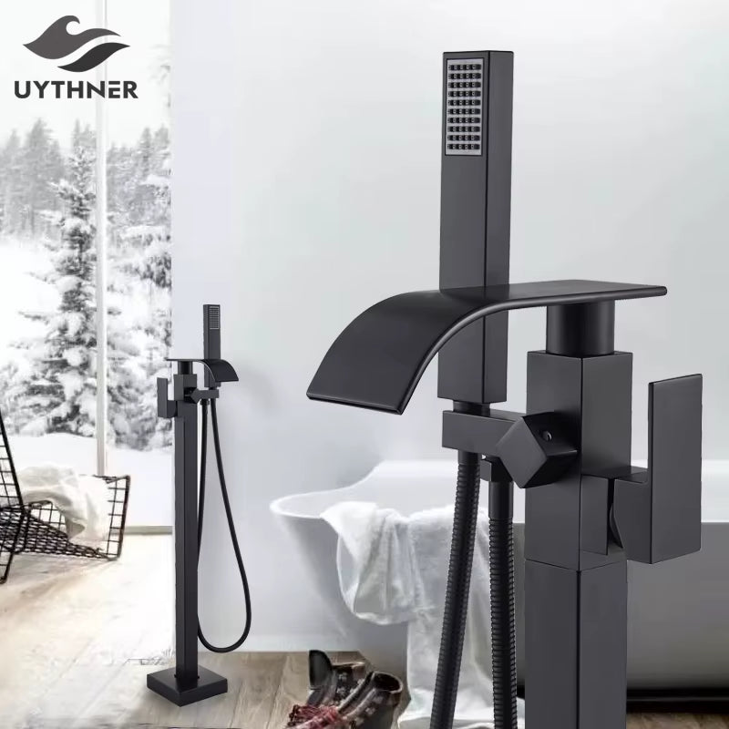 Floor Mounted Bathtub Faucet Set Black Bath Tub Faucet Hot and Cold Water Shower Bathtub Mixer Tap Waterfall Floor Stand