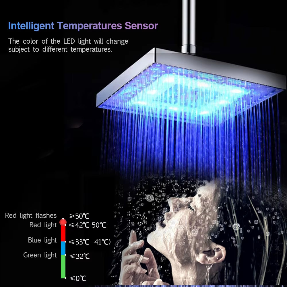 Shower Head LED Rainfall Shower Head Square Shower Head Automatically Color-Changing Temperature Sensor Showerhead for Bathroom