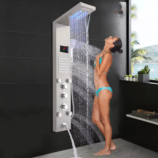 Black Shower Panel Wall Mounted LED Rainfall Waterfall Shower Head Rain Massage Stainless Steel Bathroom Shower Panel