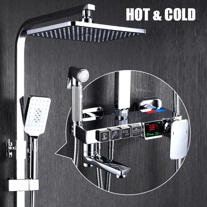 Golden Shower Set Bathroom Smart Digital Shower System Wall Mount Thermostatic Bath Faucet SPA Rainfall Bathtub LED Tap Full Kit