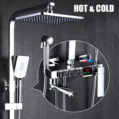 Golden Shower Set Bathroom Smart Digital Shower System Wall Mount Thermostatic Bath Faucet SPA Rainfall Bathtub LED Tap Full Kit