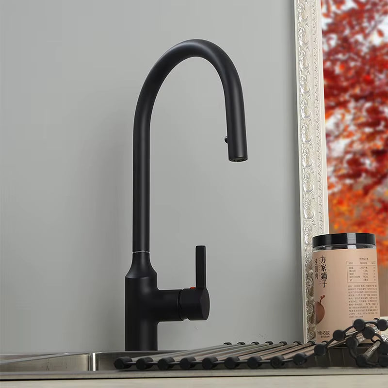 Hidden Aerator Pull Out Kitchen Faucet Matte Black & Chrome Kitchen Sink Water Mixer Tap Single Hole Basin Brass Faucet