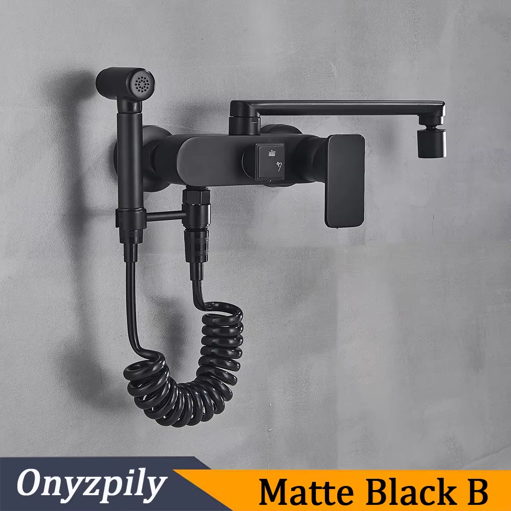 Matte Black Wall Mounted Kitchen Faucet Pull down Cold Hot Water Kitchen Taps 360 Rotation Dual Function Sprayer Taps