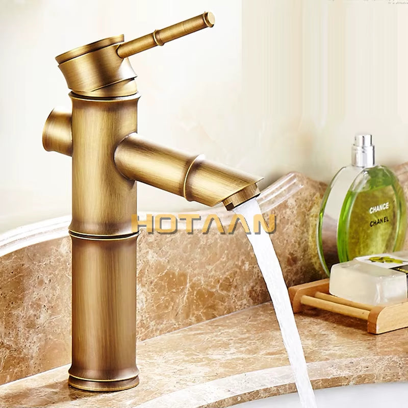 Basin Faucet Antique Brass Bamboo Shape Faucet Antique Bronze Finish Copper Sink Faucet Single Handle Hot and Cold Water Tap