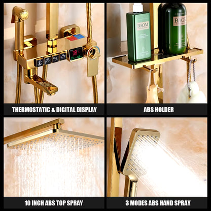 Golden Shower Set Bathroom Smart Digital Shower System Wall Mount Thermostatic Bath Faucet SPA Rainfall Bathtub LED Tap Full Kit