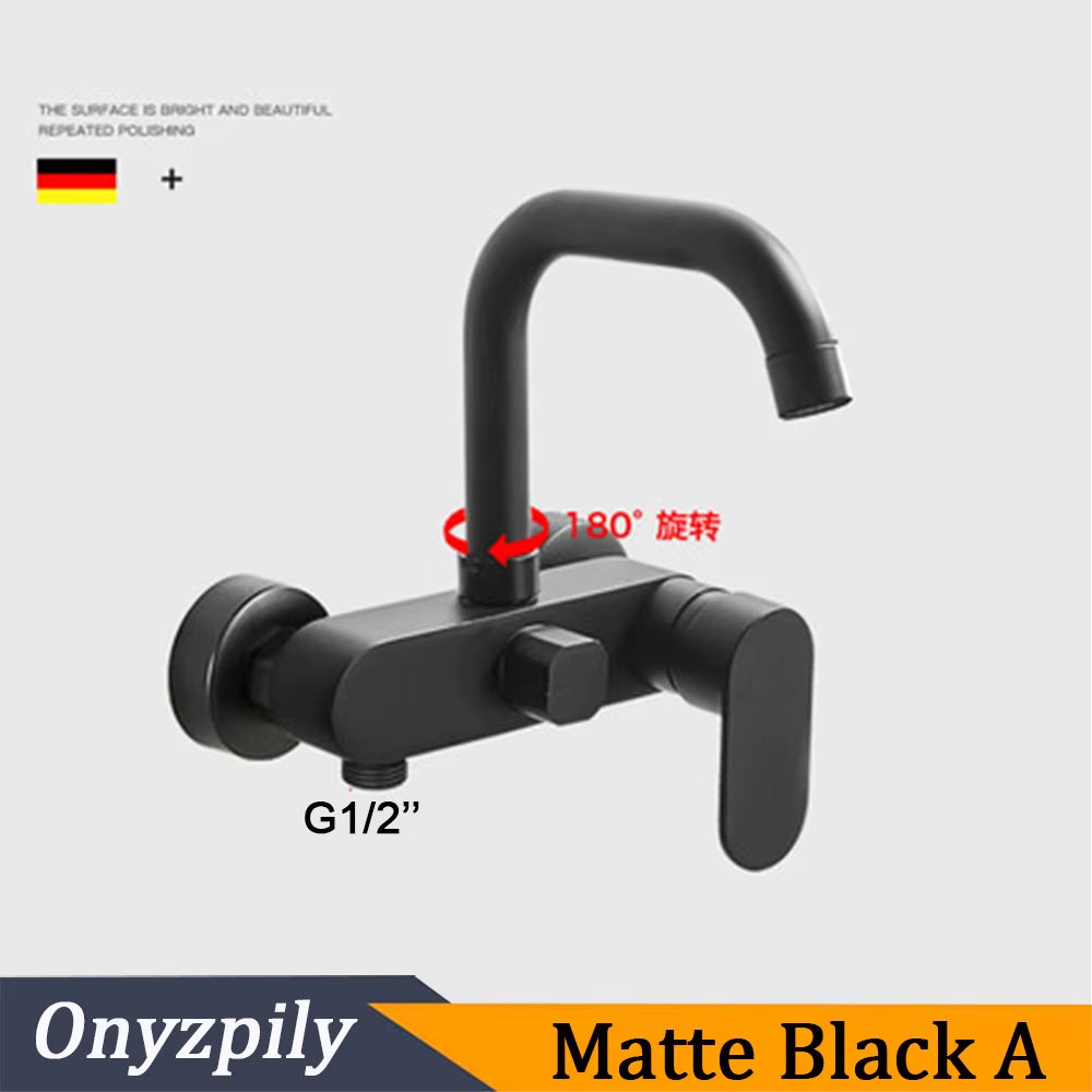 Matte Black Wall Mounted Kitchen Faucet Pull down Cold Hot Water Kitchen Taps 360 Rotation Dual Function Sprayer Taps