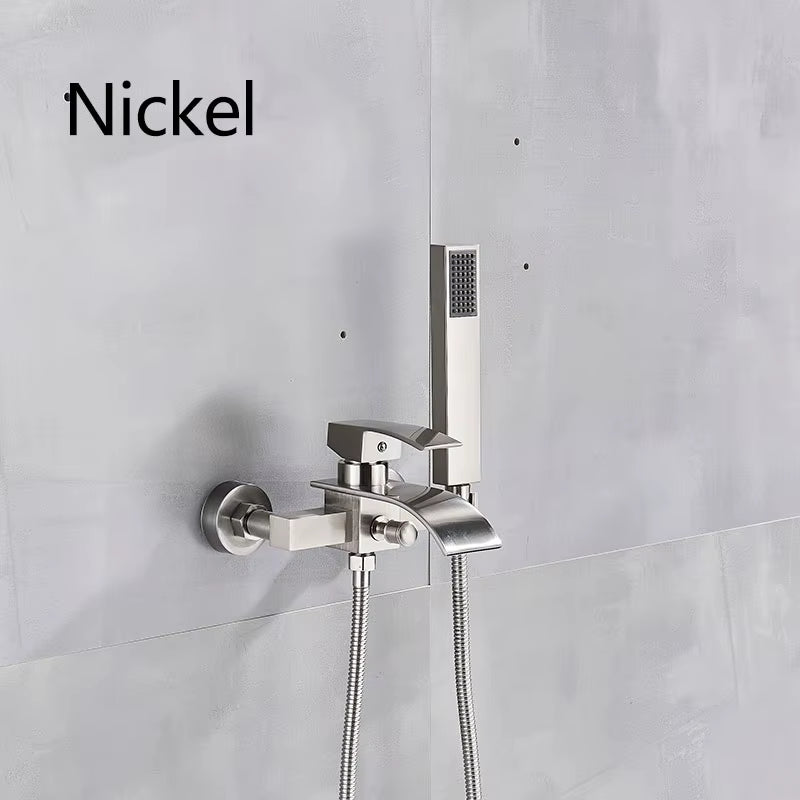 Matte Black Nickel Chrome Bathroom Tub Faucet Single Handle Waterfall Spout Mixer Tap with Hand Shower Wall Mounted Bath Faucet