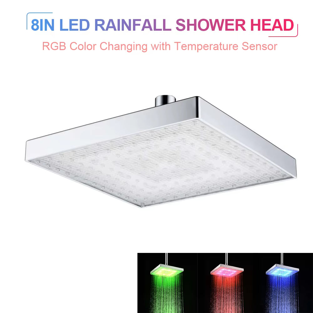 Shower Head LED Rainfall Shower Head Square Shower Head Automatically Color-Changing Temperature Sensor Showerhead for Bathroom