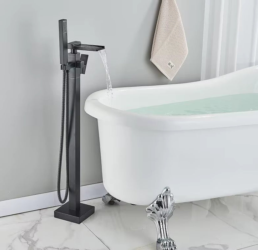 Floor Mounted Bathtub Faucet Set Black Bath Tub Faucet Hot and Cold Water Shower Bathtub Mixer Tap Waterfall Floor Stand