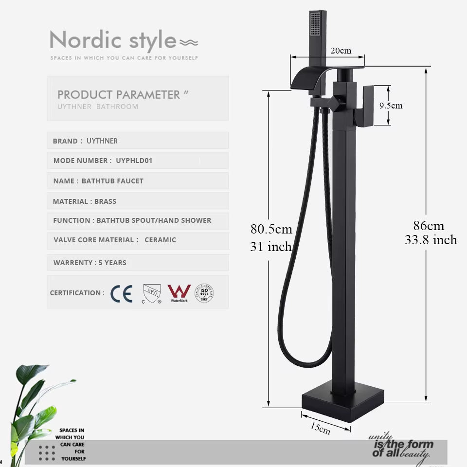 Floor Mounted Bathtub Faucet Set Black Bath Tub Faucet Hot and Cold Water Shower Bathtub Mixer Tap Waterfall Floor Stand