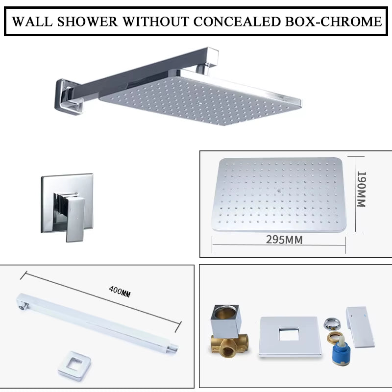 In Wall Mounted Concealed Square Top Overhead Shower System Set Brass Faucet Hot and Cold Shower Mixer Kit Matte Black Chrome