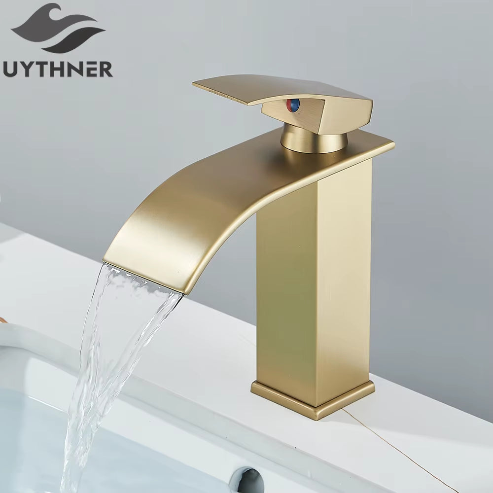 Bathroom Waterfall Basin Sink Faucet Black Faucets Brass Bath Faucet Hot&Cold Water Mixer Vanity Tap Deck Mounted Washbasin Taps