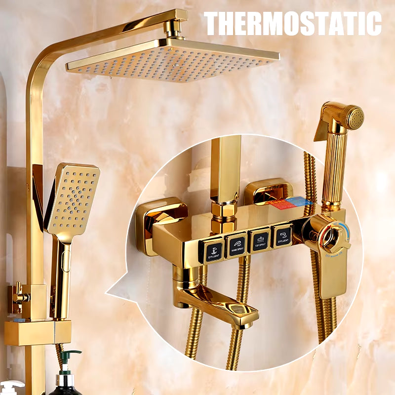 Golden Shower Set Bathroom Smart Digital Shower System Wall Mount Thermostatic Bath Faucet SPA Rainfall Bathtub LED Tap Full Kit