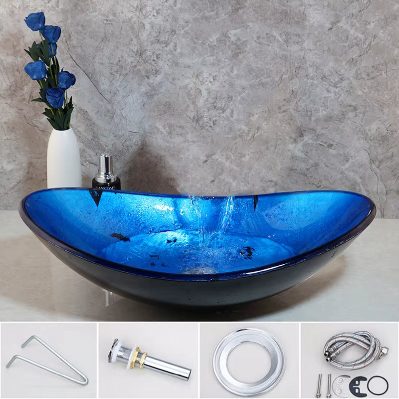 Monite Blue Bathroom Washbasin Countertop Tempered Glass Basin Sink Faucet Set Brass Waterfall Faucet Washroom Vessel Vanity Bar