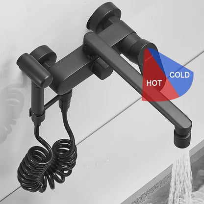 Matte Black Wall Mounted Kitchen Faucet Pull down Cold Hot Water Kitchen Taps 360 Rotation Dual Function Sprayer Taps