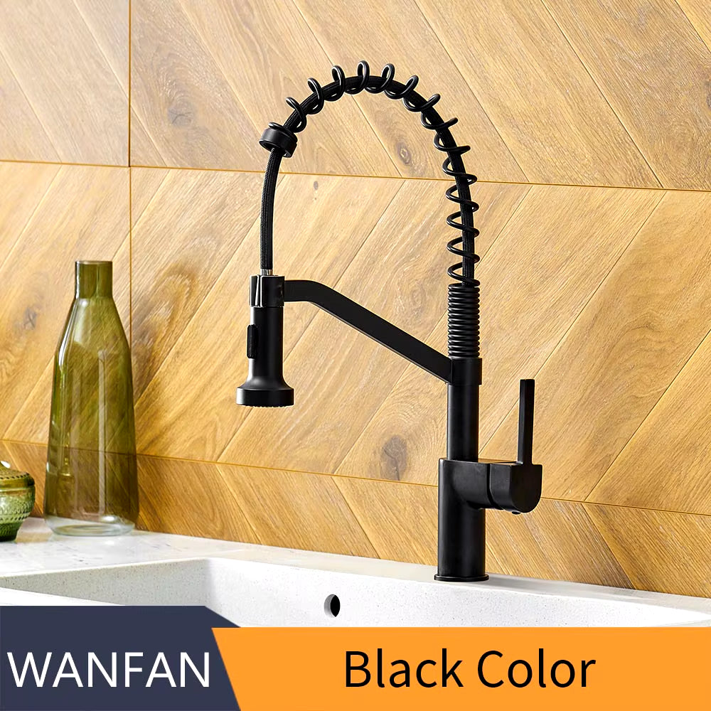 Modern Polished Black Brass Kitchen Sink Faucet Pull Out Single Handle Swivel Spout Vessel Sink Mixer Tap 9013