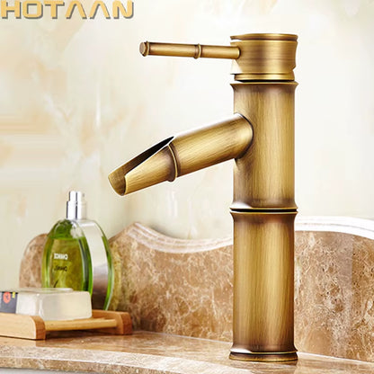 Basin Faucet Antique Brass Bamboo Shape Faucet Antique Bronze Finish Copper Sink Faucet Single Handle Hot and Cold Water Tap