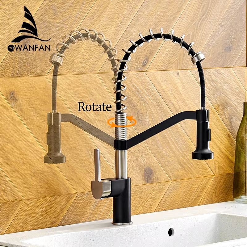 Modern Polished Black Brass Kitchen Sink Faucet Pull Out Single Handle Swivel Spout Vessel Sink Mixer Tap 9013