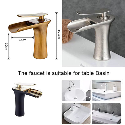 Waterfall Bathroom Basin Sink Faucets Hot Cold Tap Deck Mounted Water Mixer Crane Antique Bronze Chrome Finished ELM100