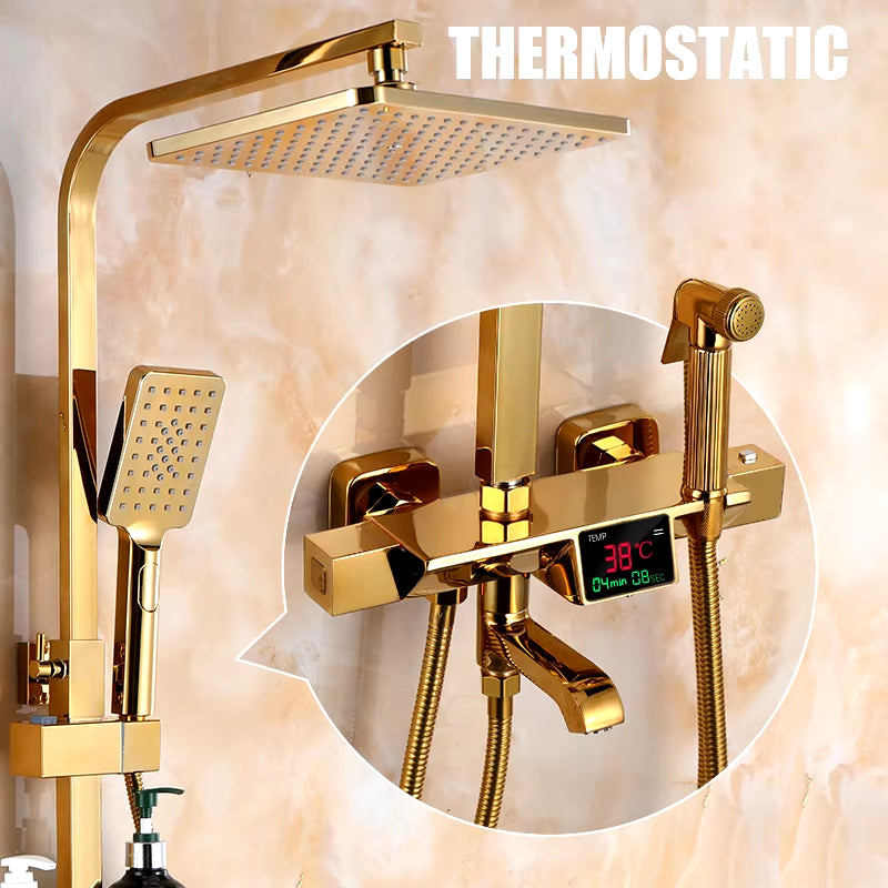 Golden Shower Set Bathroom Smart Digital Shower System Wall Mount Thermostatic Bath Faucet SPA Rainfall Bathtub LED Tap Full Kit