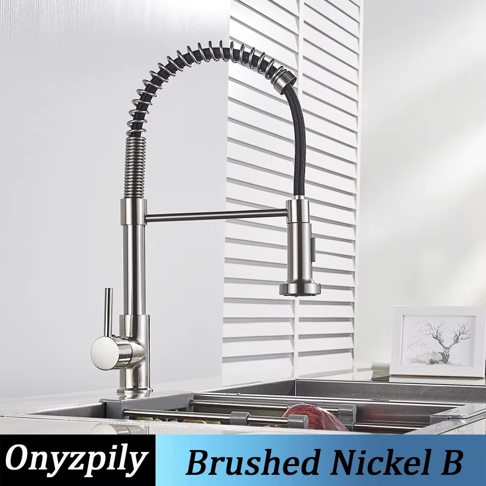 Spring Brushed Kitchen Sink Faucet Pull down Sprayer Nozzle Single Handle Faucets Mixer Hot Cold Stainless Steel Modern